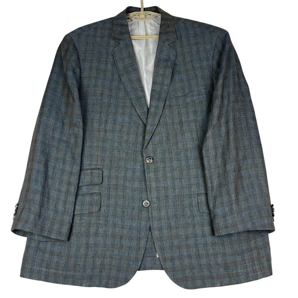 Flynt Sparrow 44R Linen Blazer Gray Plaid Ticket Pocket Summer Sport Coat